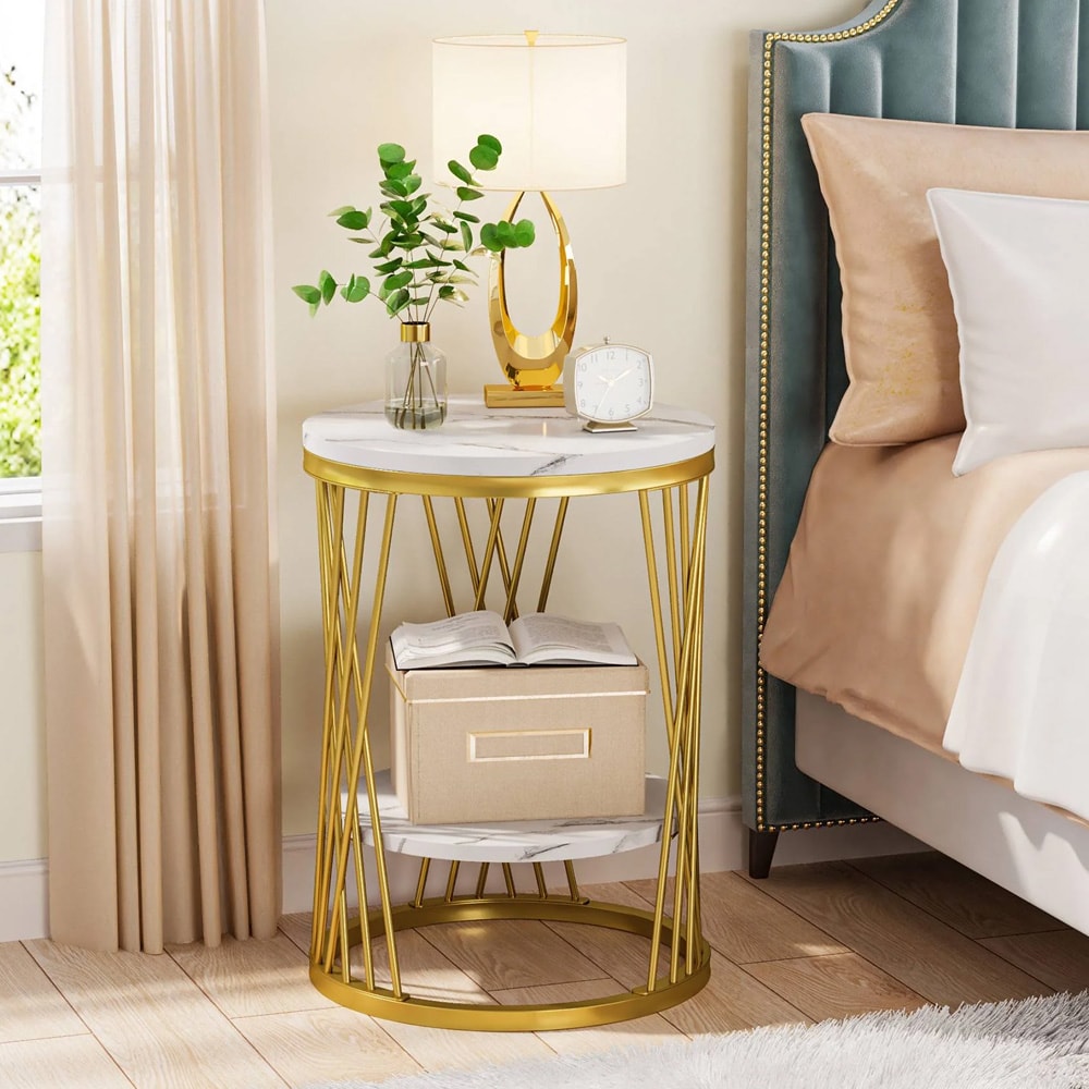 Rundt sidebord Ø45×59 cm / avlastningsbord med 2 nivåer / bord med marmorlook – Hvit/gull