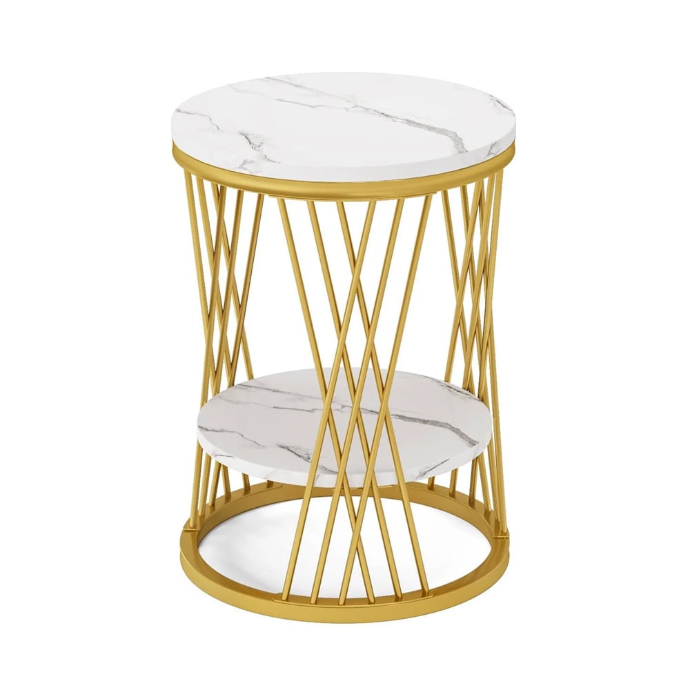 Rundt sidebord Ø45×59 cm / avlastningsbord med 2 nivåer / bord med marmorlook – Hvit/gull