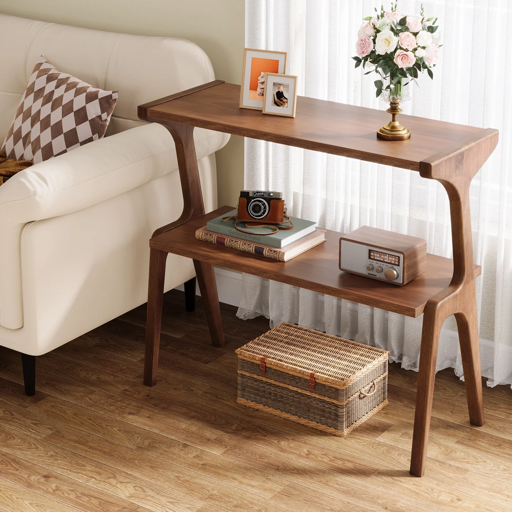 Smalt sidebord 70×30×67 cm / avlastningsbord med 2 nivåer / nattbord i massivt gummitre – Brun