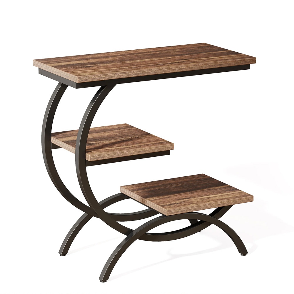C-formet sidebord 60×30×65 cm / avlastningsbord med 3 hyller / nattbord – Brun/svart