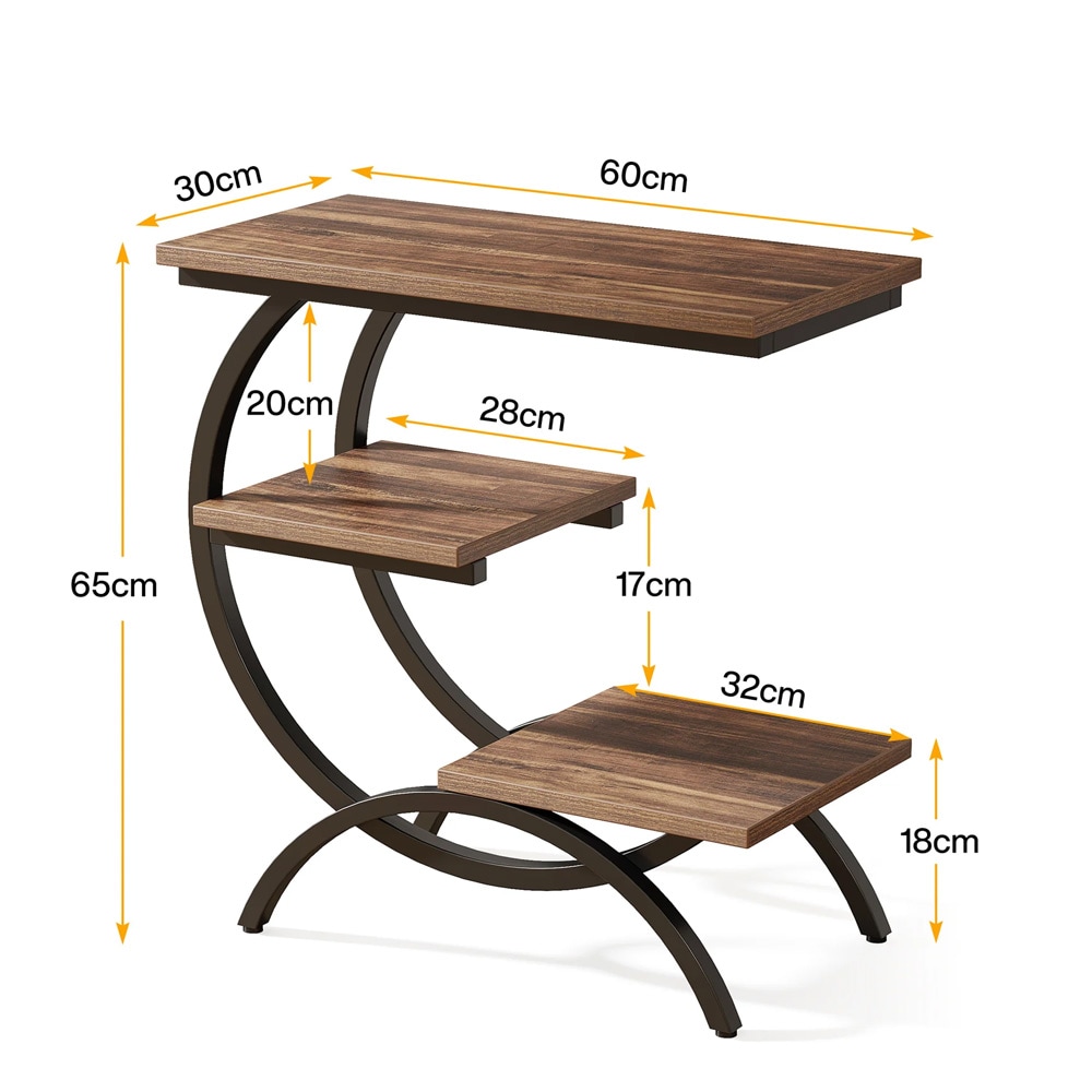 C-formet sidebord 60×30×65 cm / avlastningsbord med 3 hyller / nattbord – Brun/svart