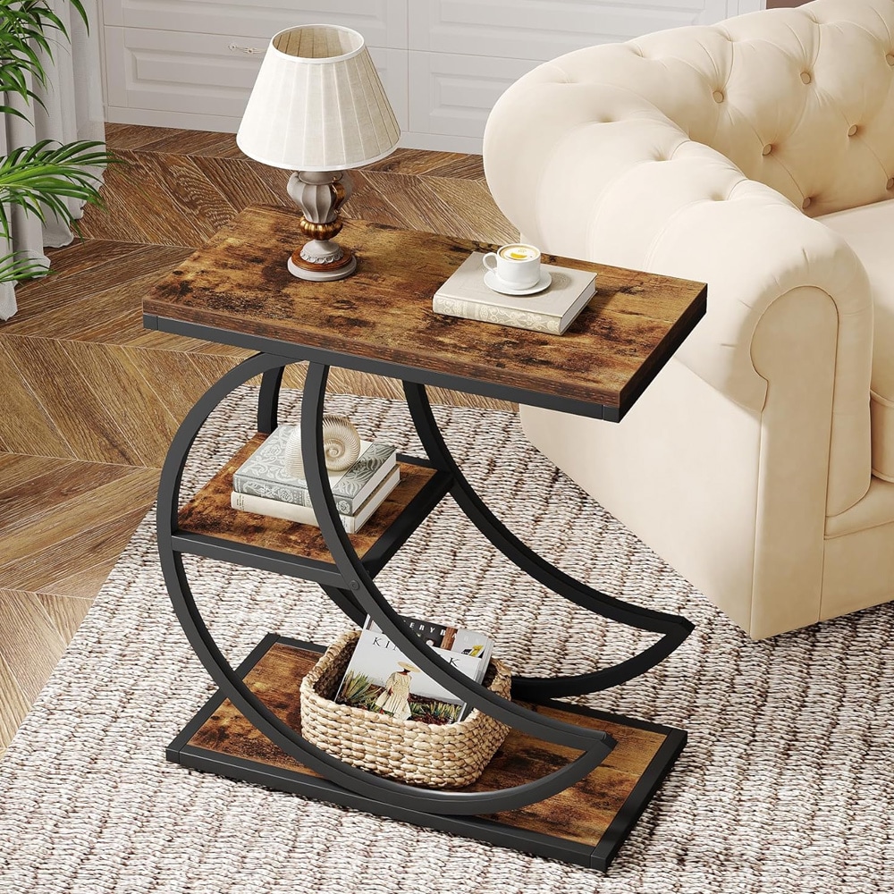 Smalt sidebord 60×30 cm / avlastningsbord med 3 hyller / plantehylle  / nattbord – Brun/svart