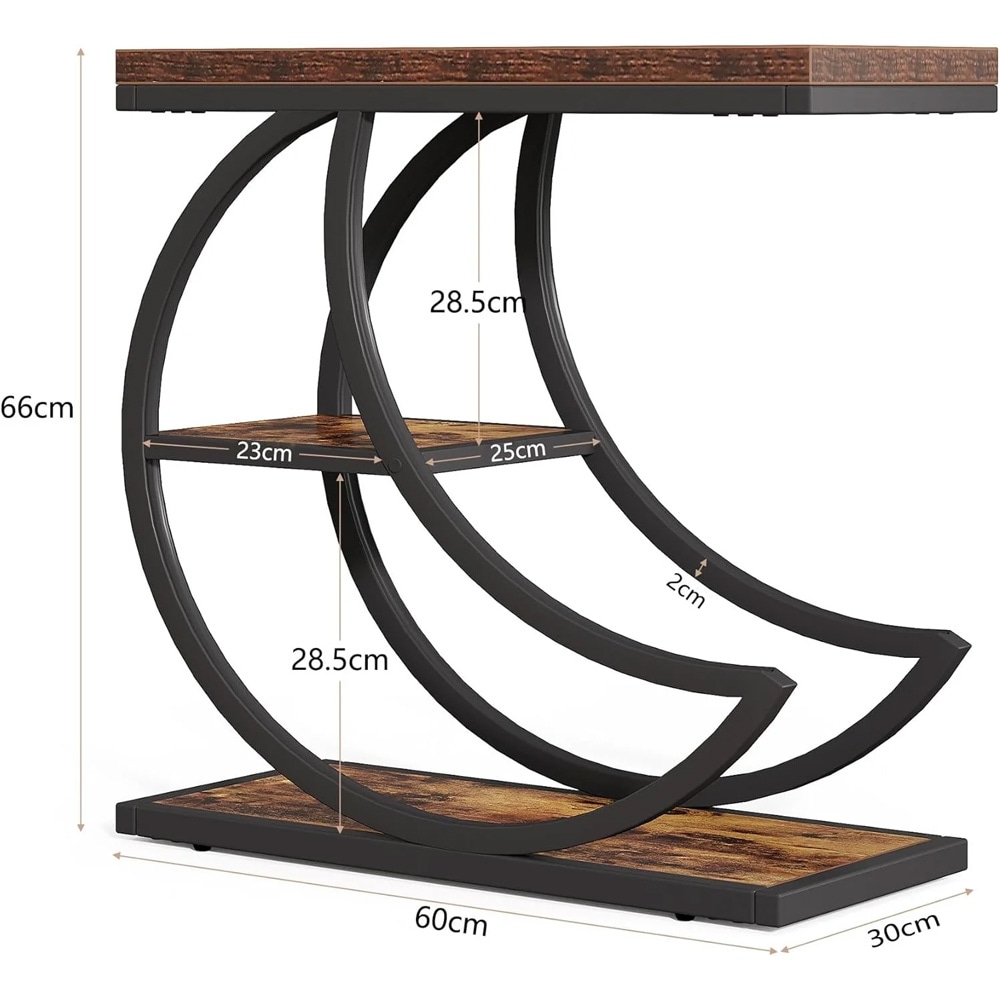 Smalt sidebord 60×30 cm / avlastningsbord med 3 hyller / plantehylle  / nattbord – Brun/svart