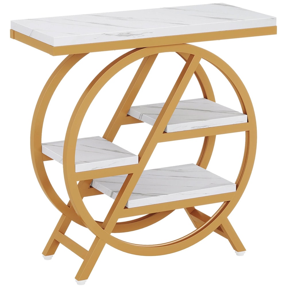 Smalt sidebord 65×30×66,5 cm / avlastningsbord med 4 hyller / bord med marmorlook – Hvit/gull