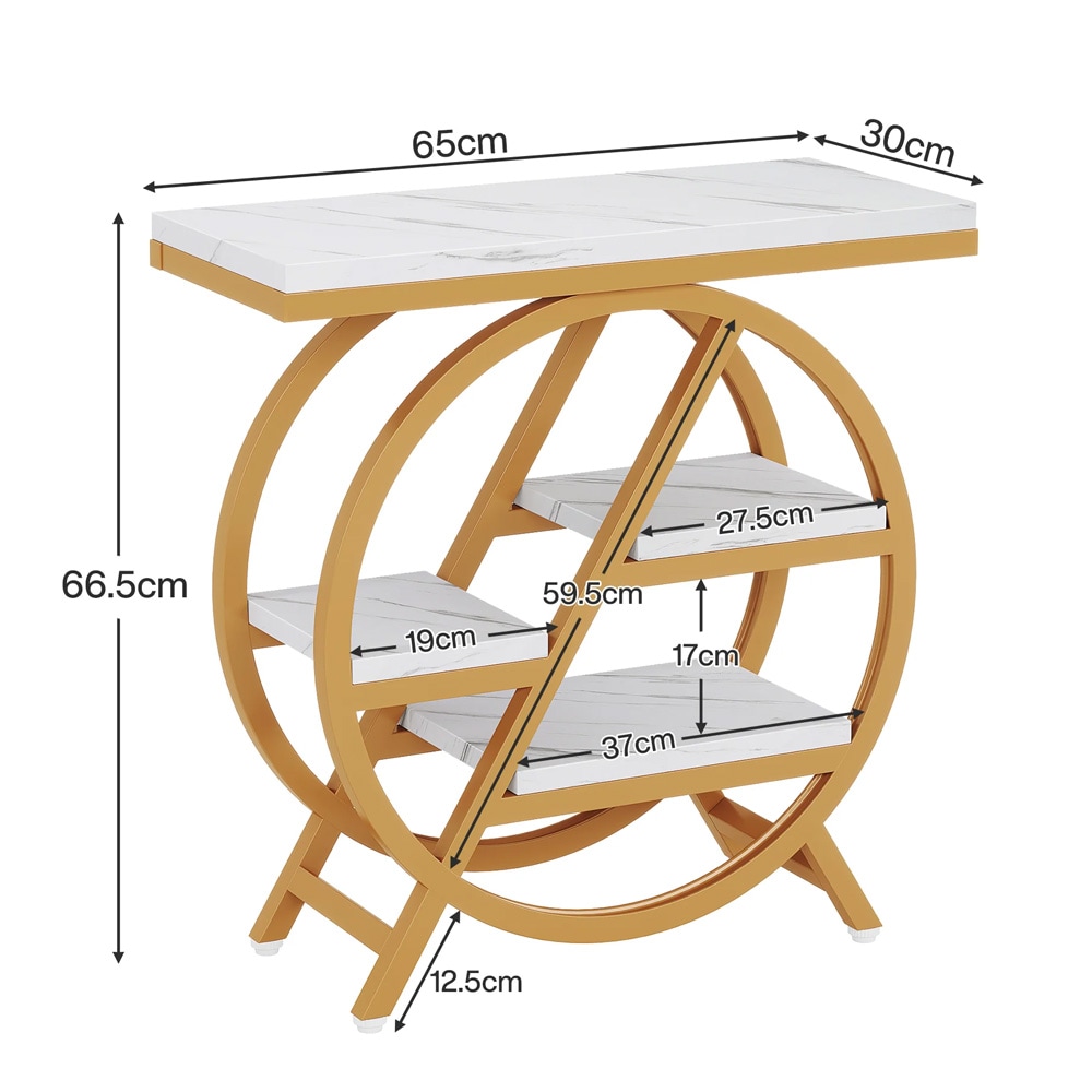 Smalt sidebord 65×30×66,5 cm / avlastningsbord med 4 hyller / bord med marmorlook – Hvit/gull