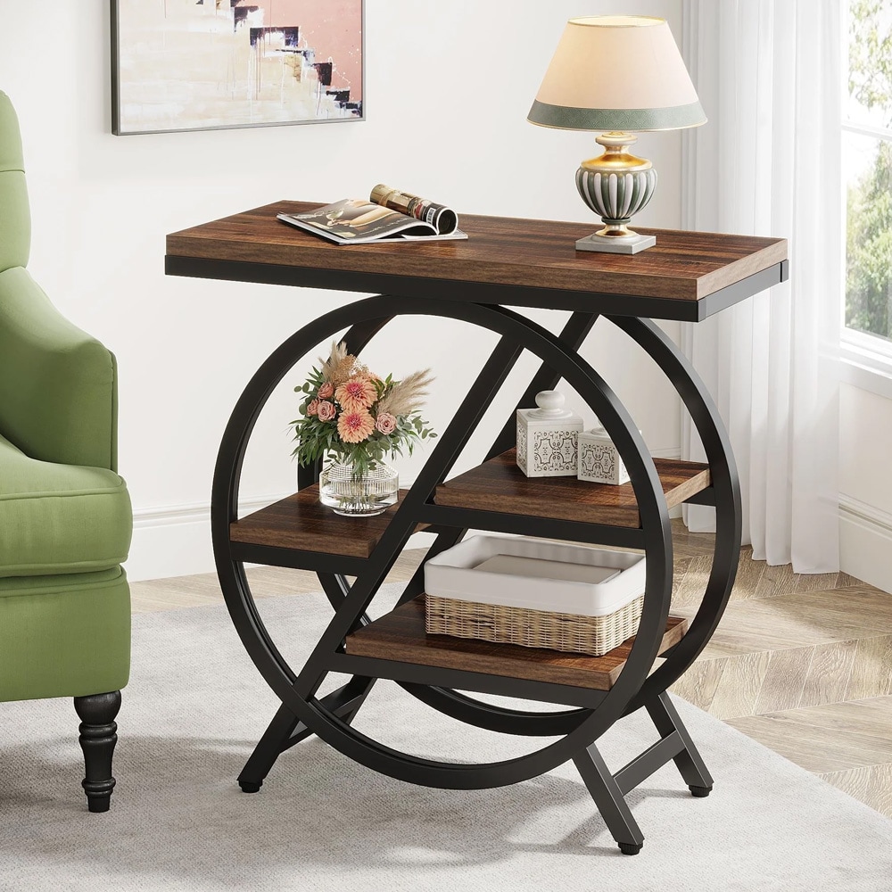 Sidebord med 4 hyller – Brun–Svart – Smalt sidebord med rund metallramme