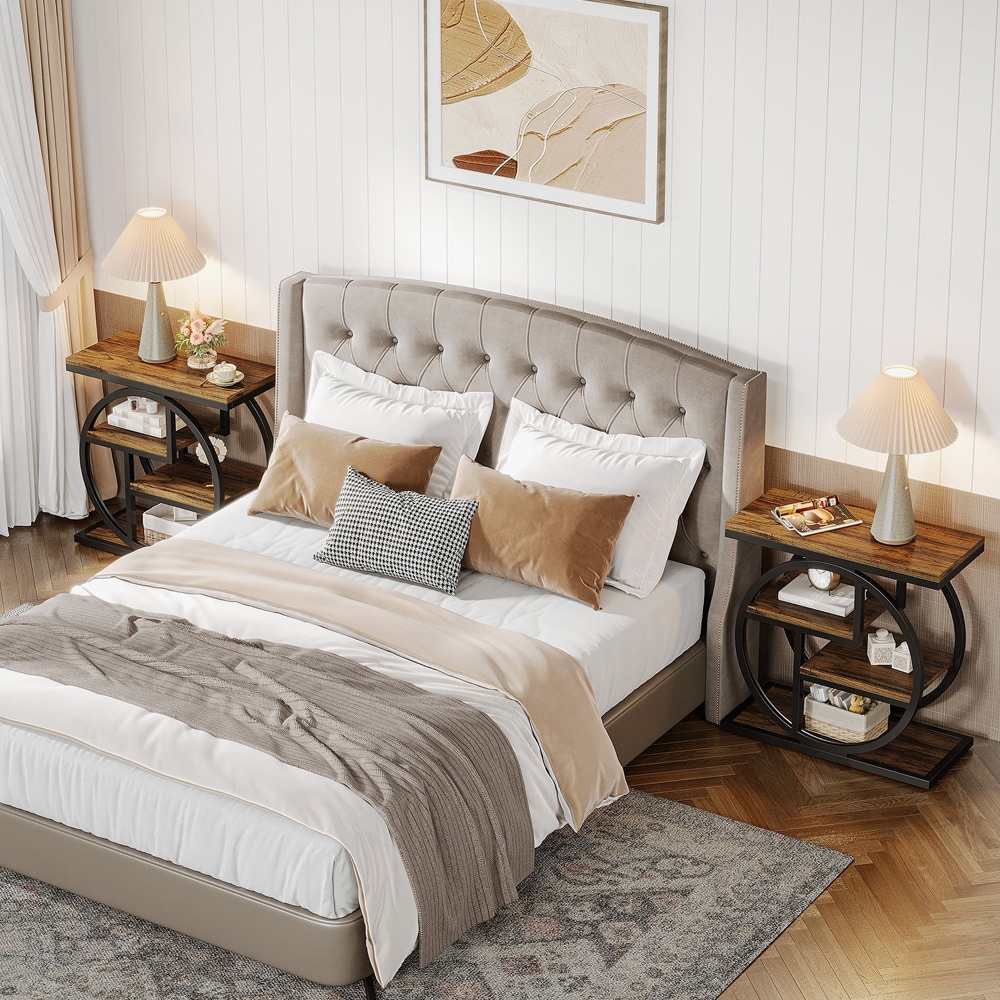 Smalt sidebord 65×30×65 cm / avlastningsbord med 4 hyller / nattbord – Brun/svart