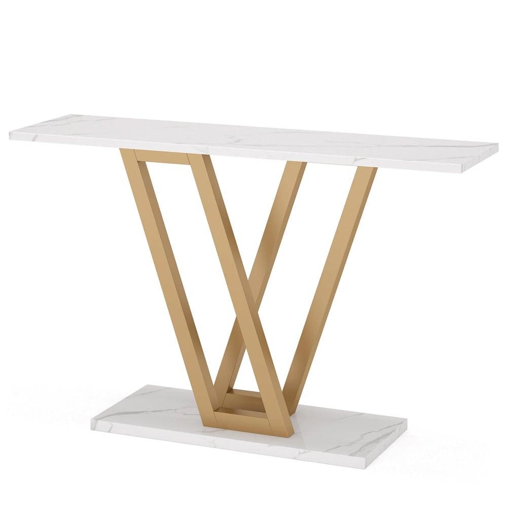 Konsollbord i gull og hvit marmorlook 110 x 30 cm / smalt avlastningsbord med metallramme / entrébord / sidebord