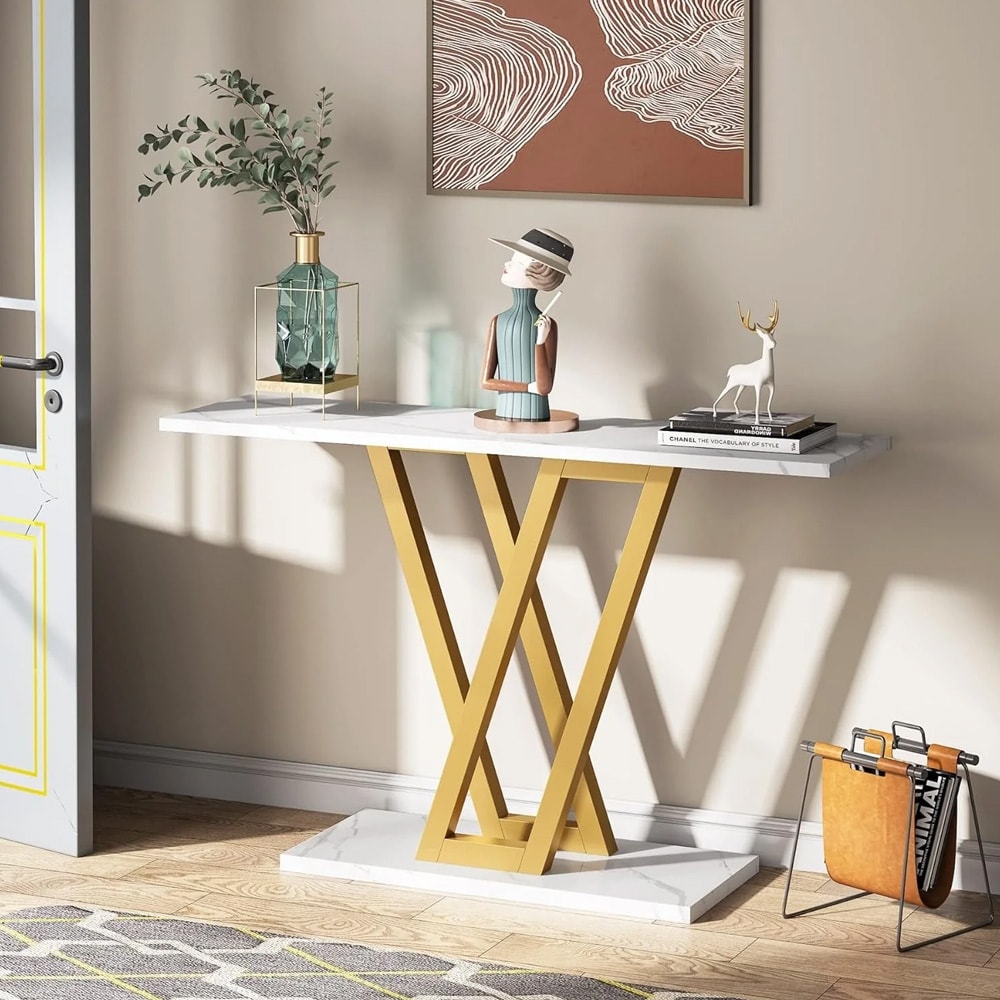 Konsollbord i gull og hvit marmorlook 110 x 30 cm / smalt avlastningsbord med metallramme / entrébord / sidebord