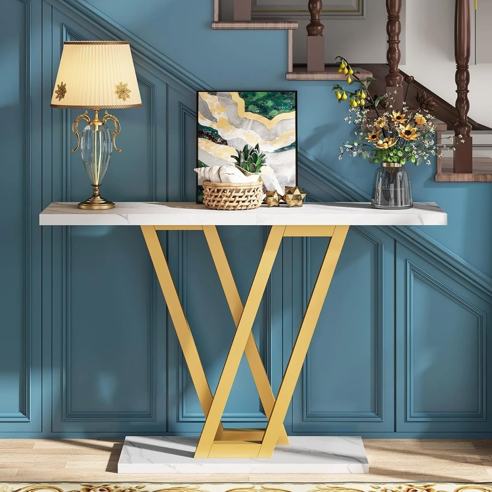 Konsollbord i gull og hvit marmorlook 110 x 30 cm / smalt avlastningsbord med metallramme / entrébord / sidebord