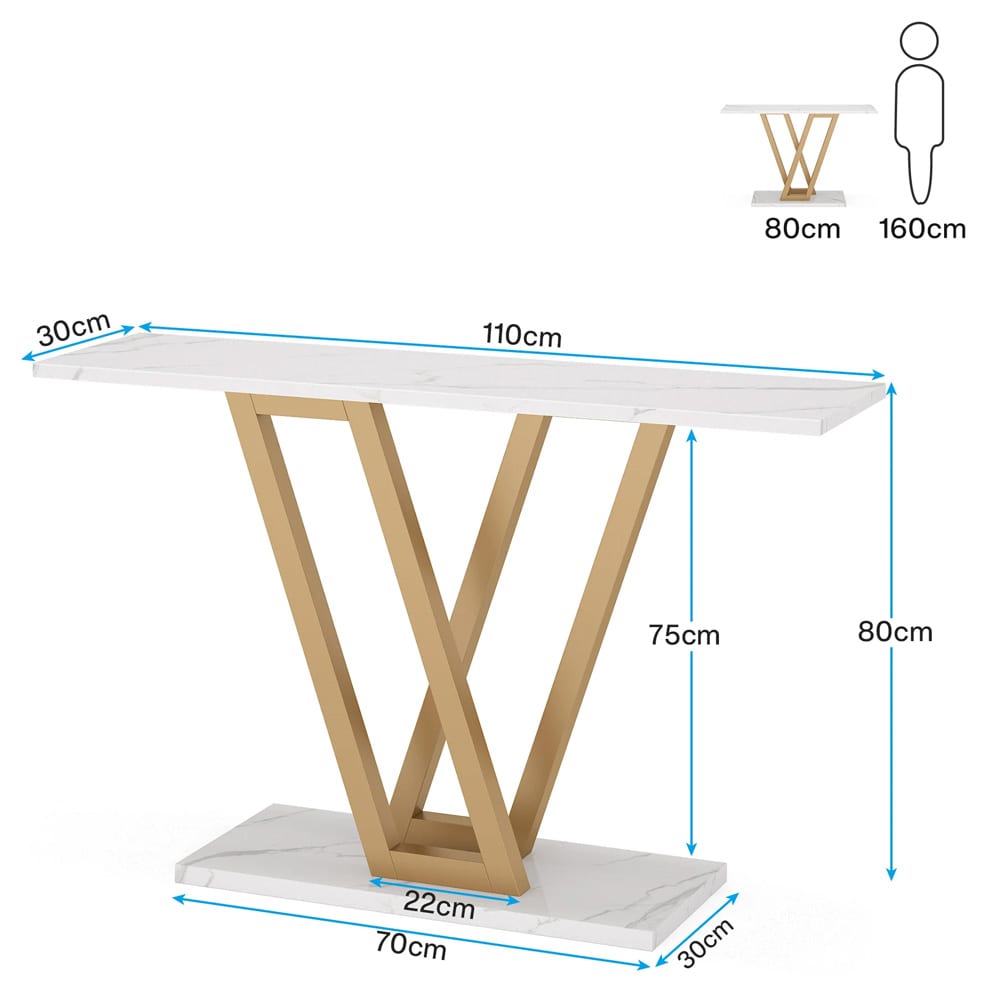 Konsollbord i gull og hvit marmorlook 110 x 30 cm / smalt avlastningsbord med metallramme / entrébord / sidebord