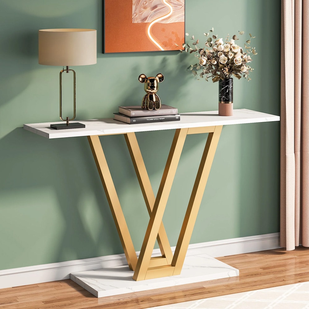 Konsollbord i gull og hvit marmorlook 110 x 30 cm / smalt avlastningsbord med metallramme / entrébord / sidebord
