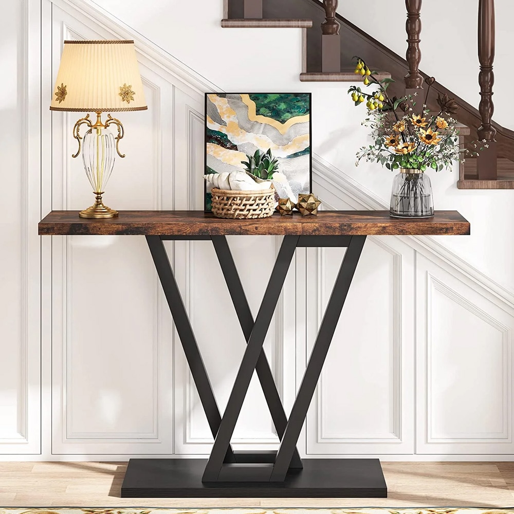 Rustikk brunt konsollbord med svart metallramme 110 x 30 cm / smalt avlastningsbord / entrébord / sidebord