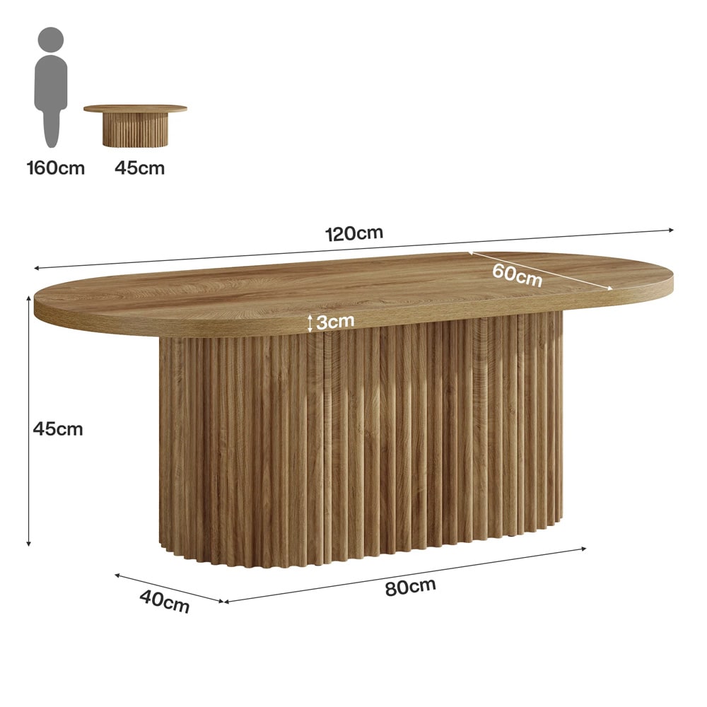 Ovalt salongbord 120 x 60 x 45 cm / rustikt stuebord / trebord med ribbet struktur / brunt bord