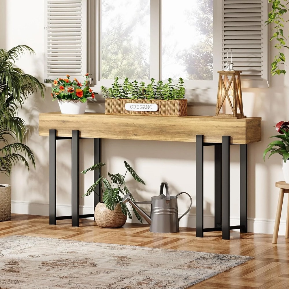 Konsollbord 160 x 30 x 79 cm / smalt entrébord / avlastningsbord med svart metallramme / eikelook