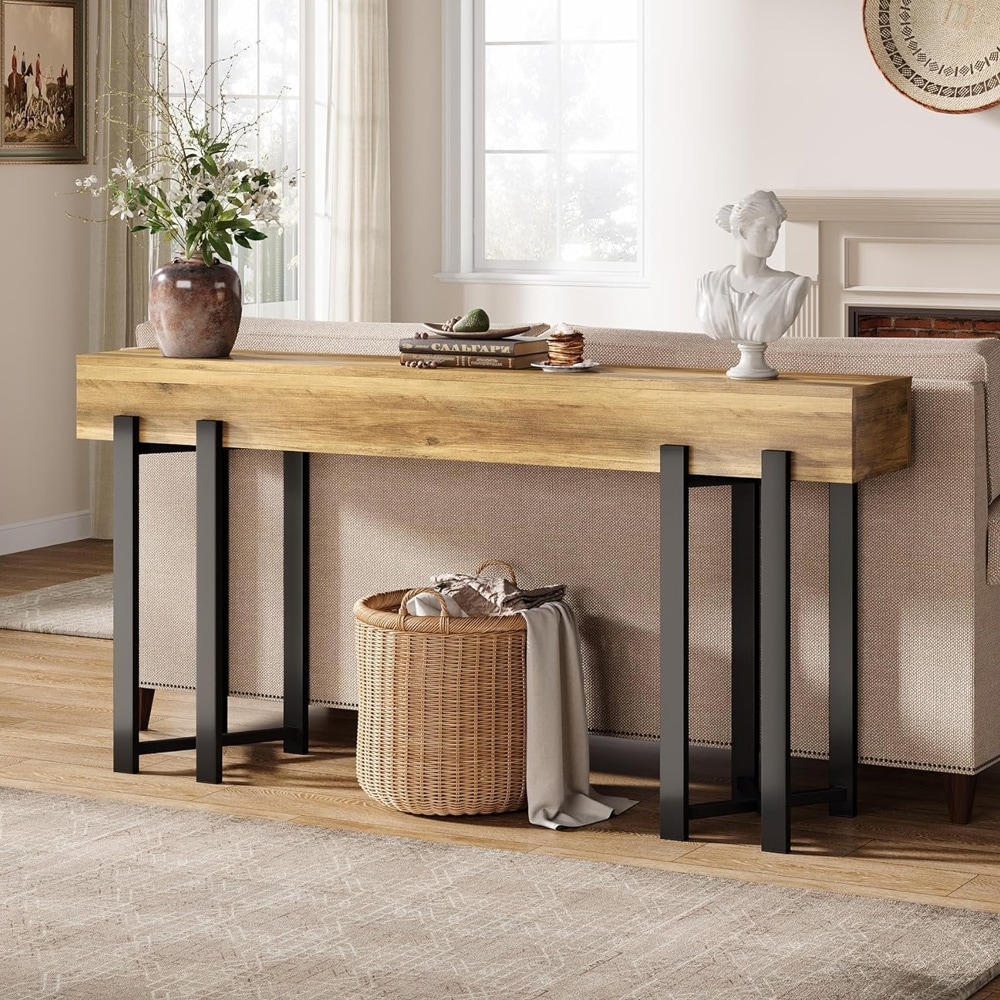Konsollbord 160 x 30 x 79 cm / smalt entrébord / avlastningsbord med svart metallramme / eikelook