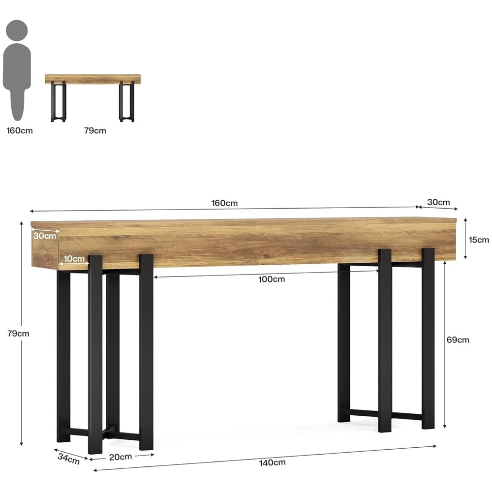 Konsollbord 160 x 30 x 79 cm / smalt entrébord / avlastningsbord med svart metallramme / eikelook