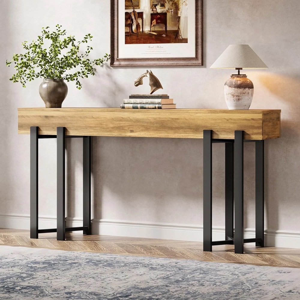 Konsollbord 160 x 30 x 79 cm / smalt entrébord / avlastningsbord med svart metallramme / eikelook