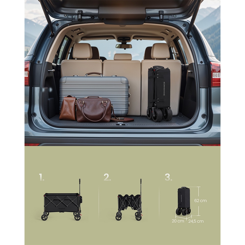 Sammenleggbar transportvogn 150 l / tralle med 150 kg lastekapasitet / vogn med bremser – Svart