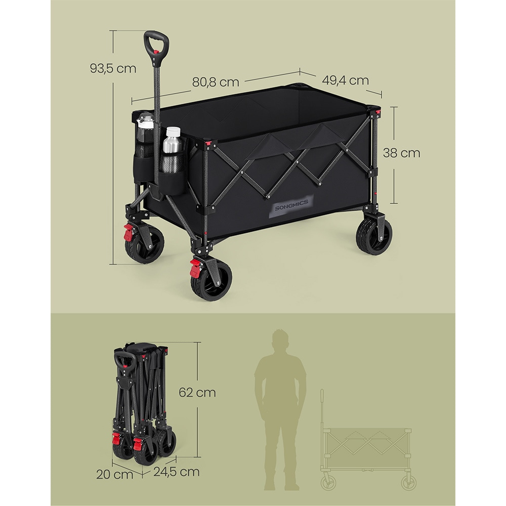 Sammenleggbar transportvogn 150 l / tralle med 150 kg lastekapasitet / vogn med bremser – Svart