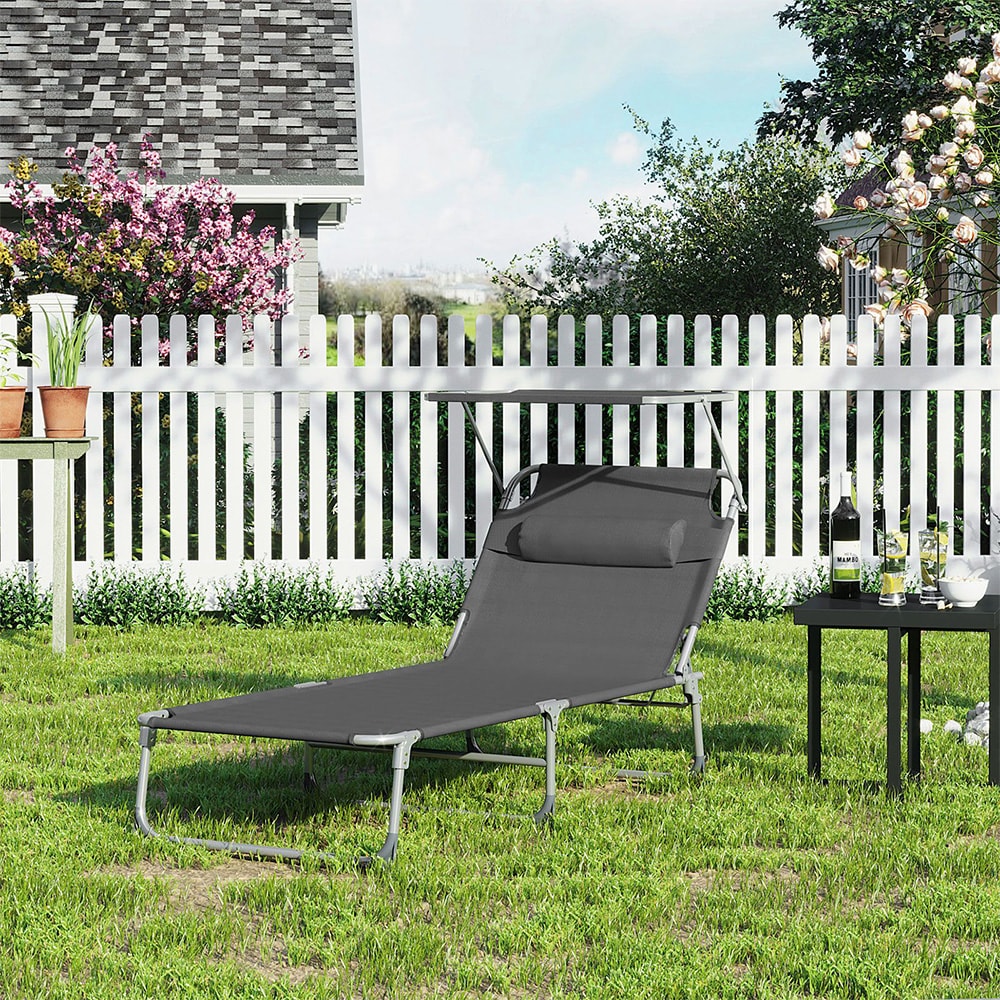 Solseng 200 x 71 x 38 cm / sammenleggbar modell med solskjerm / antrasittgrå campingseng med justerbar ryggstøtte