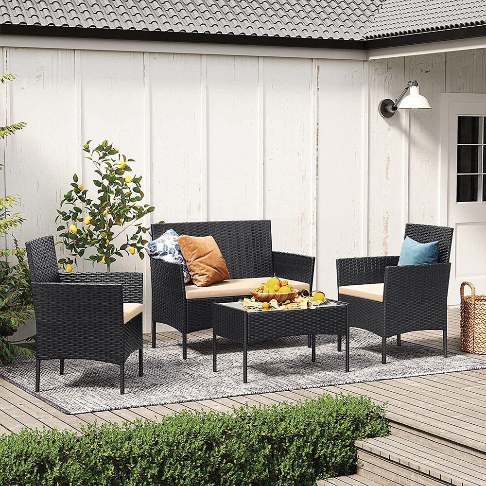 Loungesett i kunstrotting, 4 deler – 2 stoler, 2-seters sofa og bord – Svart