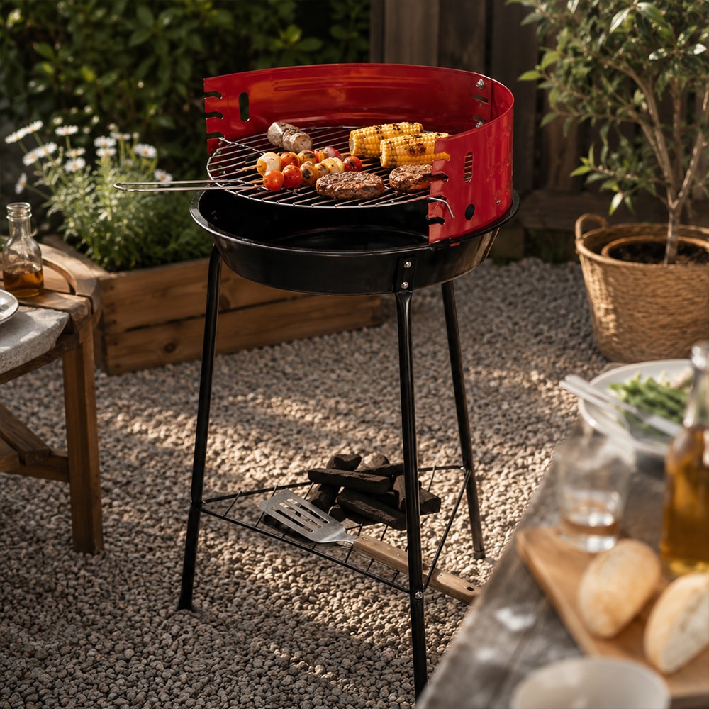 Grill på ben, 33 cm / kullgrill på ben / trebenet grill med forkrommet rist