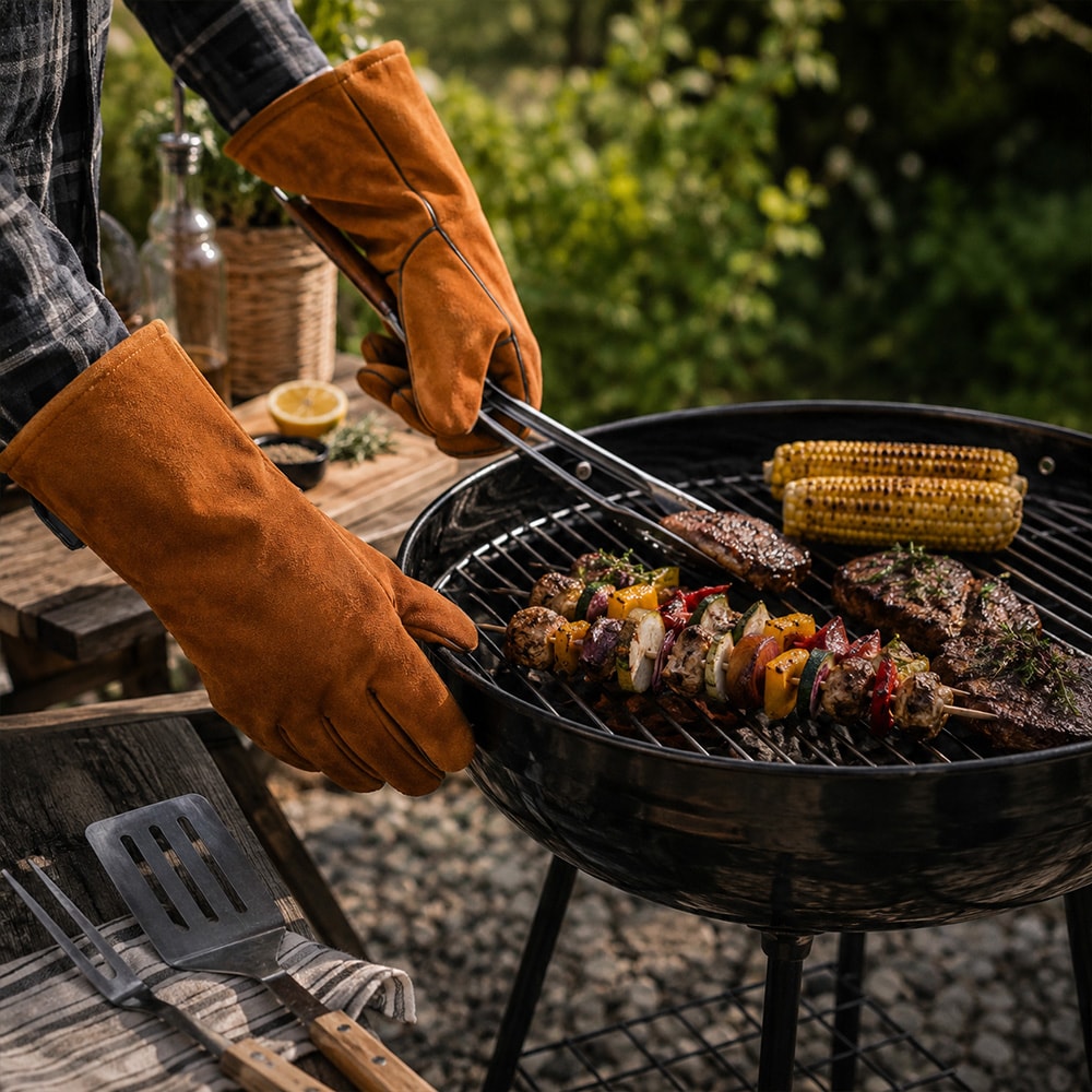 Grillhansker i skinn – brune / skinnhansker til grilling / BBQ-hansker