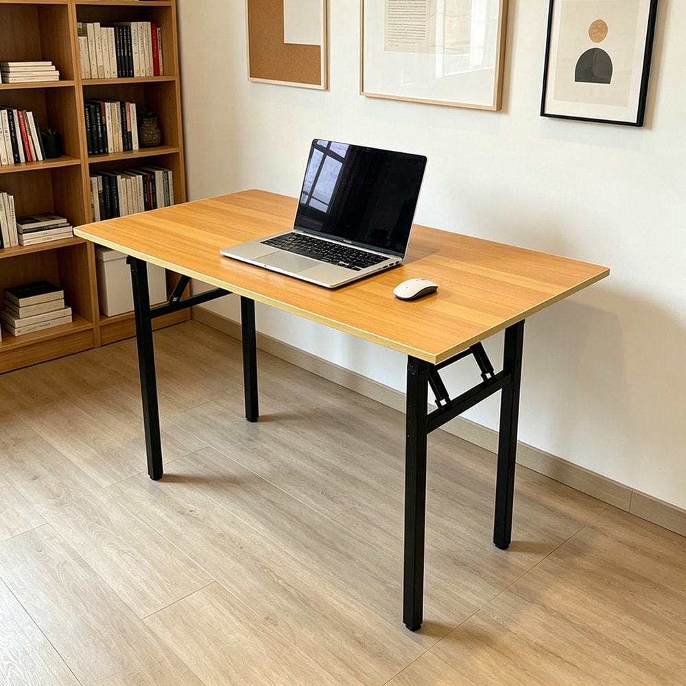 Sammenleggbart bord 120×60×75 cm / skrivebord med stålramme / monteringsfritt databord – Bambus/svart