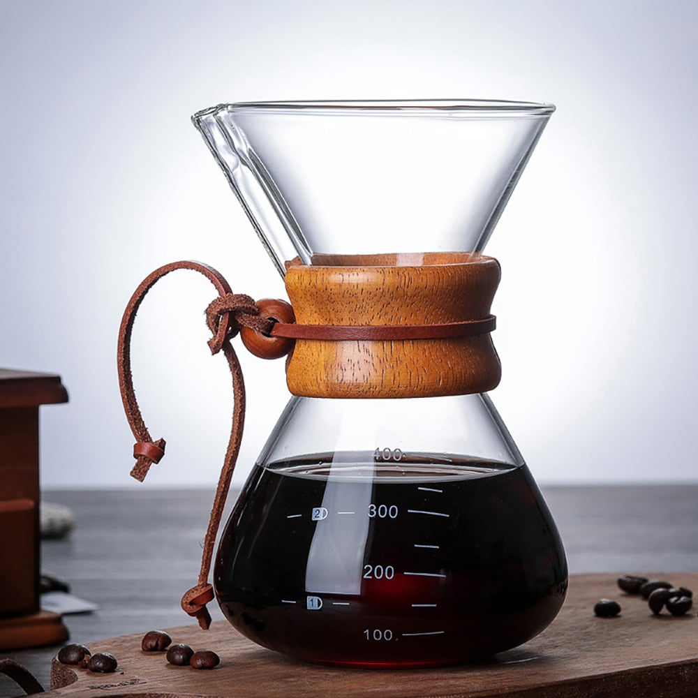 Pour-over-brygger i glass med filter og trehåndtak, 400 ml / Håndbrygger for kaffe