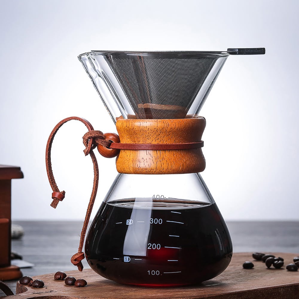 Pour-over-brygger i glass med filter og trehåndtak, 400 ml / Håndbrygger for kaffe