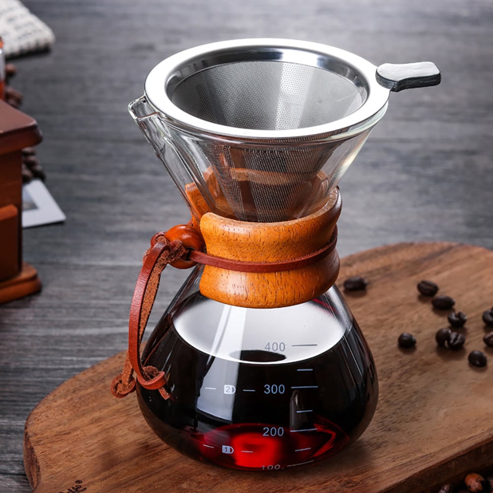 Pour-over-brygger i glass med filter og trehåndtak, 400 ml / Håndbrygger for kaffe