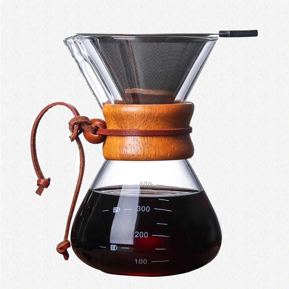 Pour-over-brygger i glass med filter og trehåndtak, 400 ml / Håndbrygger for kaffe