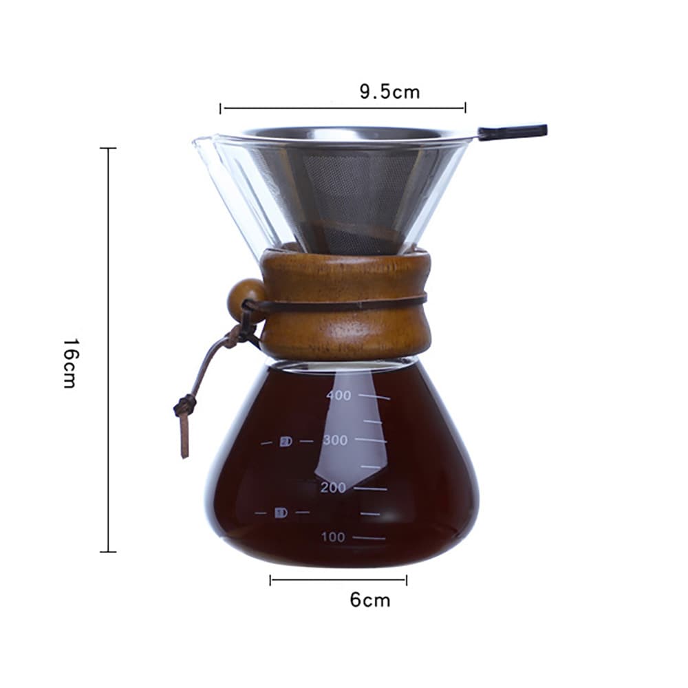 Pour-over-brygger i glass med filter og trehåndtak, 400 ml / Håndbrygger for kaffe