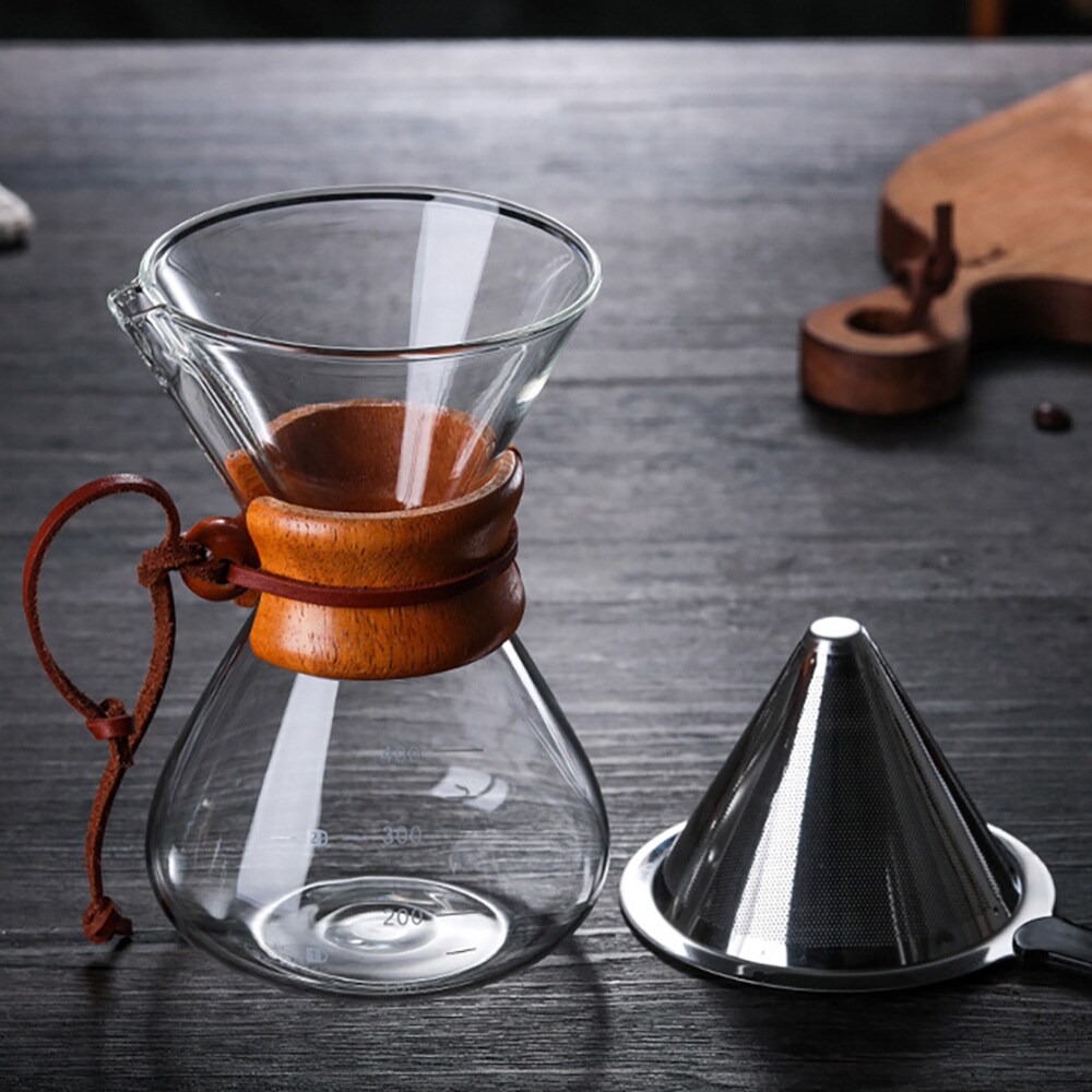 Pour-over-brygger i glass med filter og trehåndtak, 400 ml / Håndbrygger for kaffe
