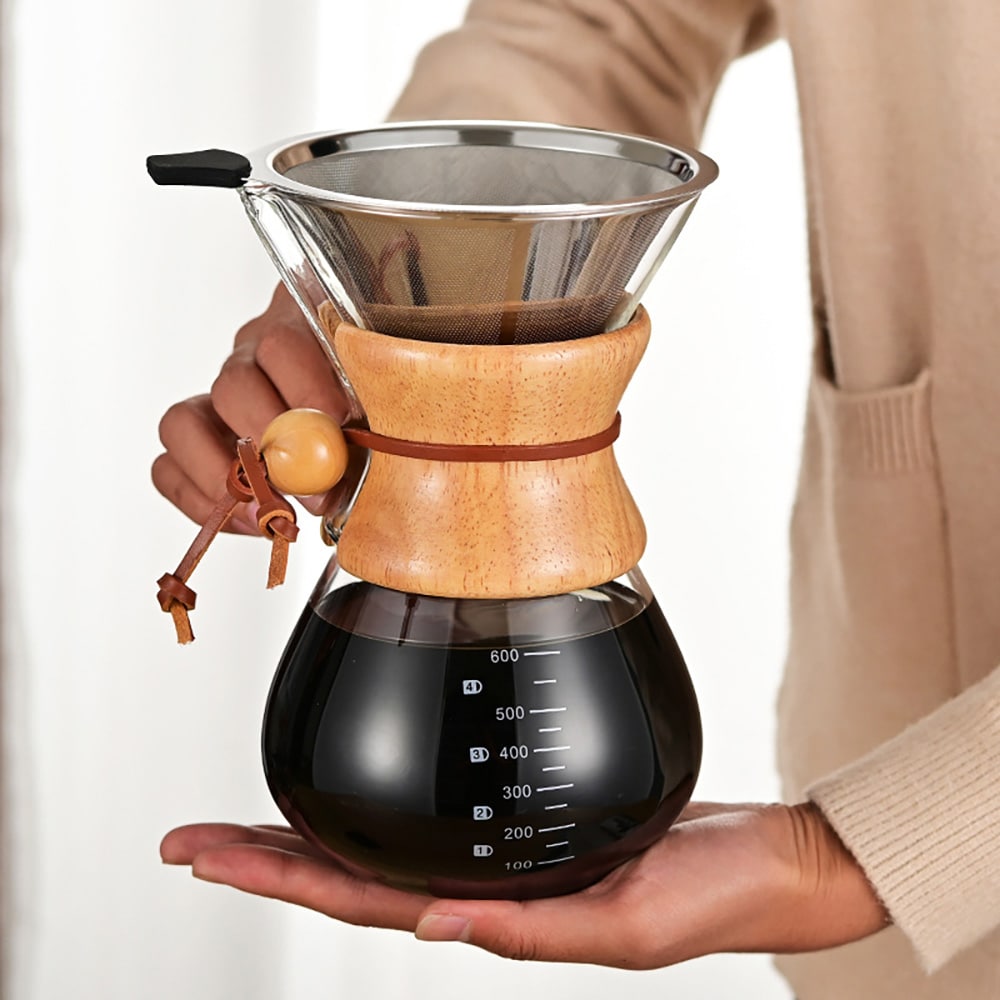 Pour-over-brygger i glass med filter og trehåndtak, 600 ml / Håndbrygger for kaffe