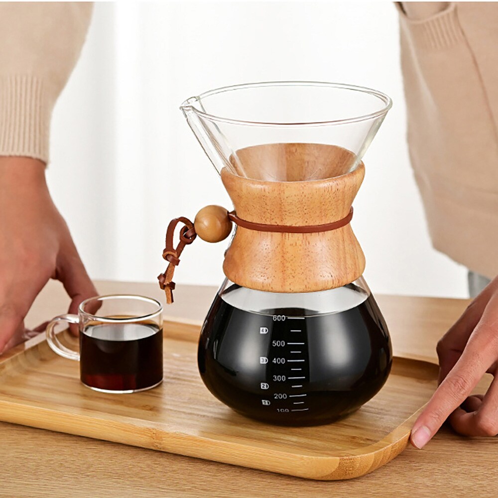Pour-over-brygger i glass med filter og trehåndtak, 600 ml / Håndbrygger for kaffe
