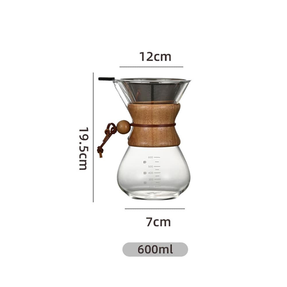 Pour-over-brygger i glass med filter og trehåndtak, 600 ml / Håndbrygger for kaffe