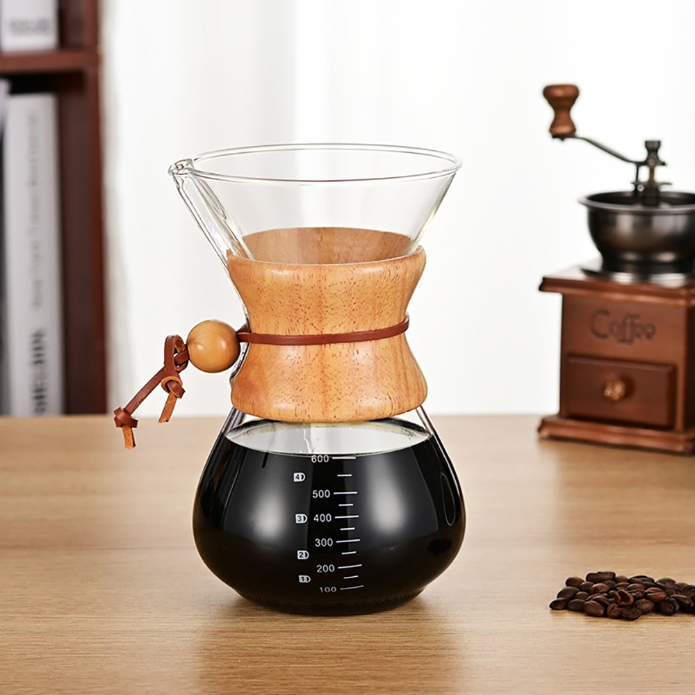 Pour-over-brygger i glass med filter og trehåndtak, 600 ml / Håndbrygger for kaffe