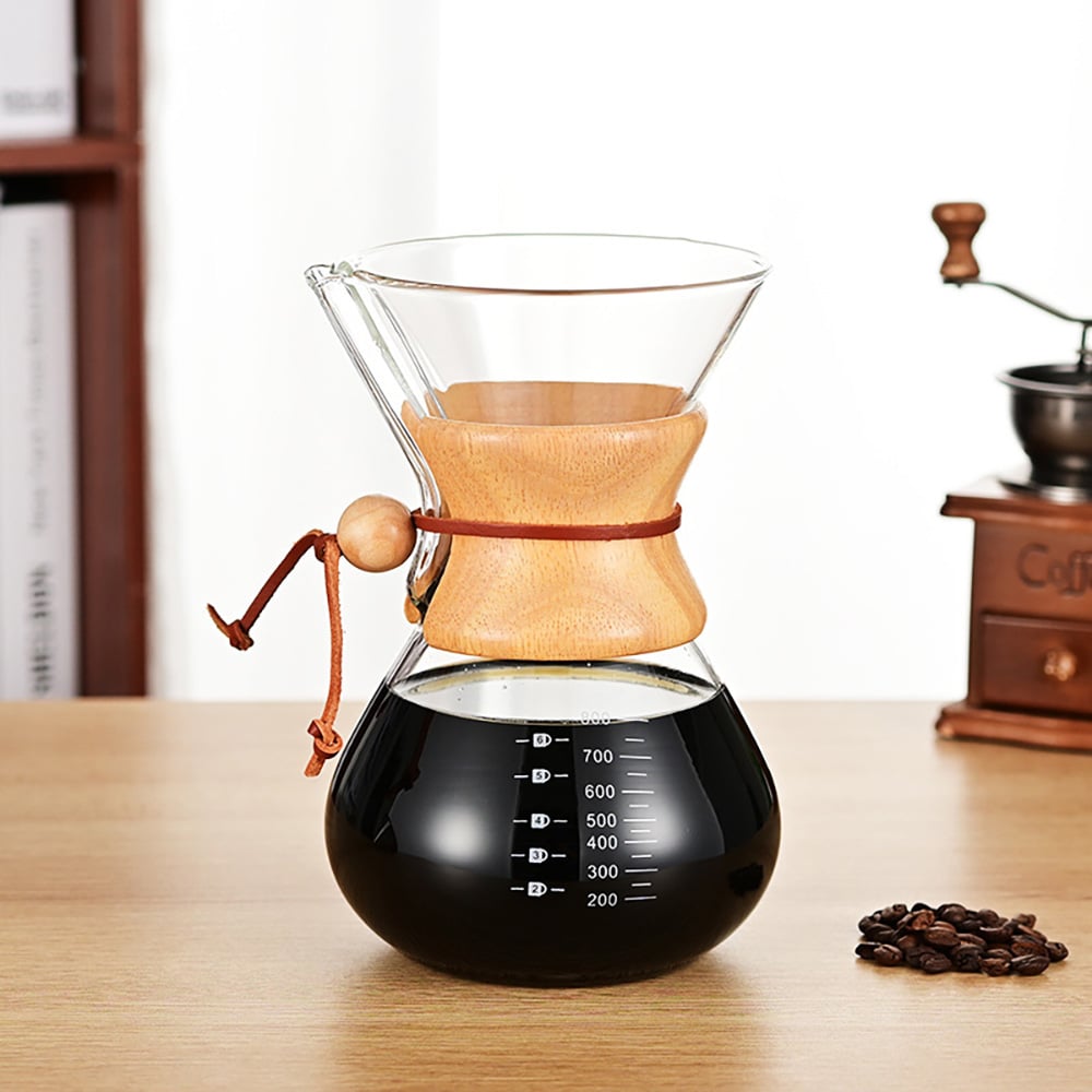 Pour-over-brygger i glass med filter og trehåndtak, 800 ml / Kaffebrygger for manuell brygging