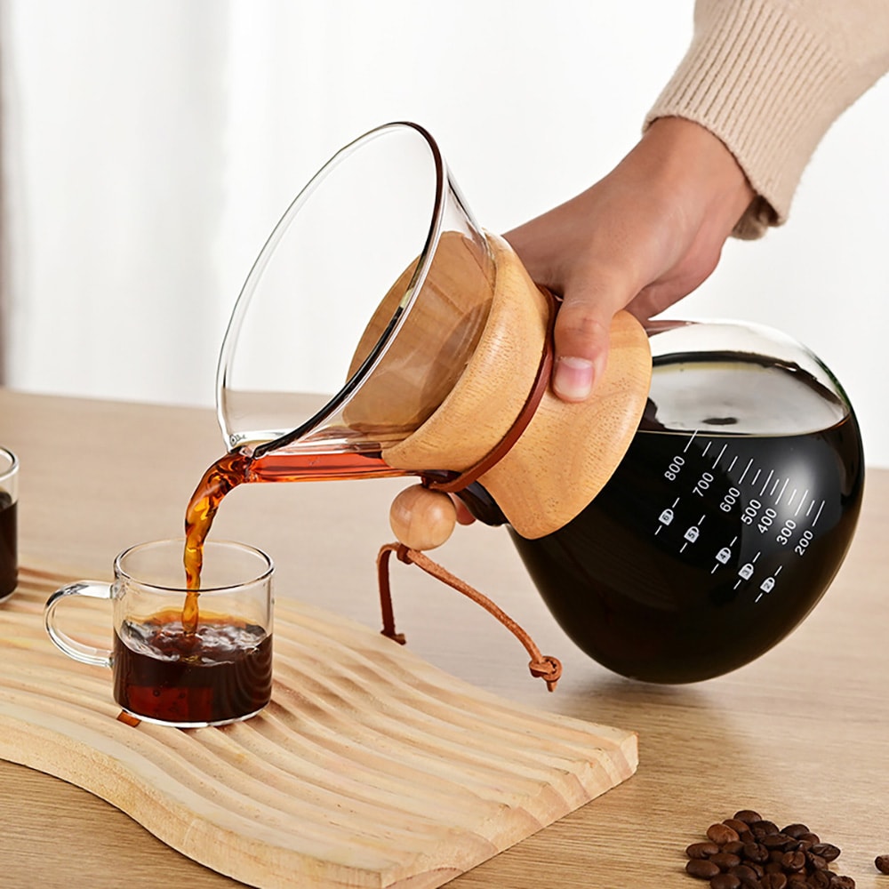 Pour-over-brygger i glass med filter og trehåndtak, 800 ml / Kaffebrygger for manuell brygging