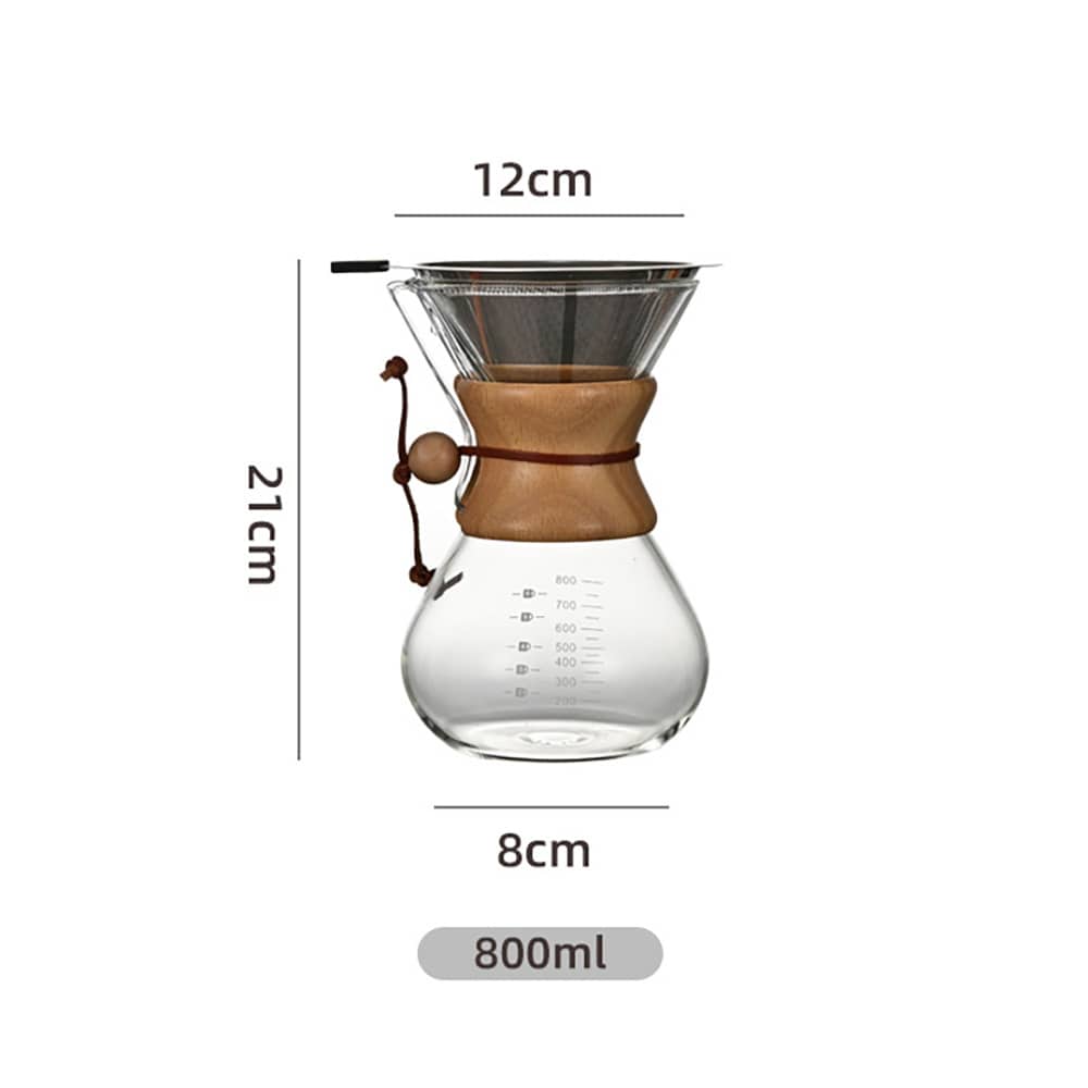 Pour-over-brygger i glass med filter og trehåndtak, 800 ml / Kaffebrygger for manuell brygging
