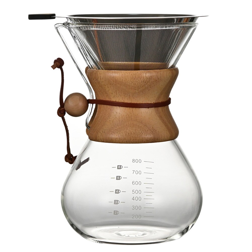Pour-over-brygger i glass med filter og trehåndtak, 800 ml / Kaffebrygger for manuell brygging