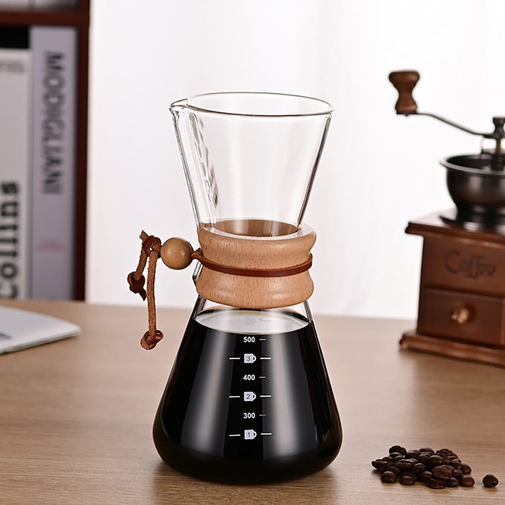 Pour-over-brygger i glass med filter og trehåndtak, 600 ml / Kaffebrygger for manuell brygging