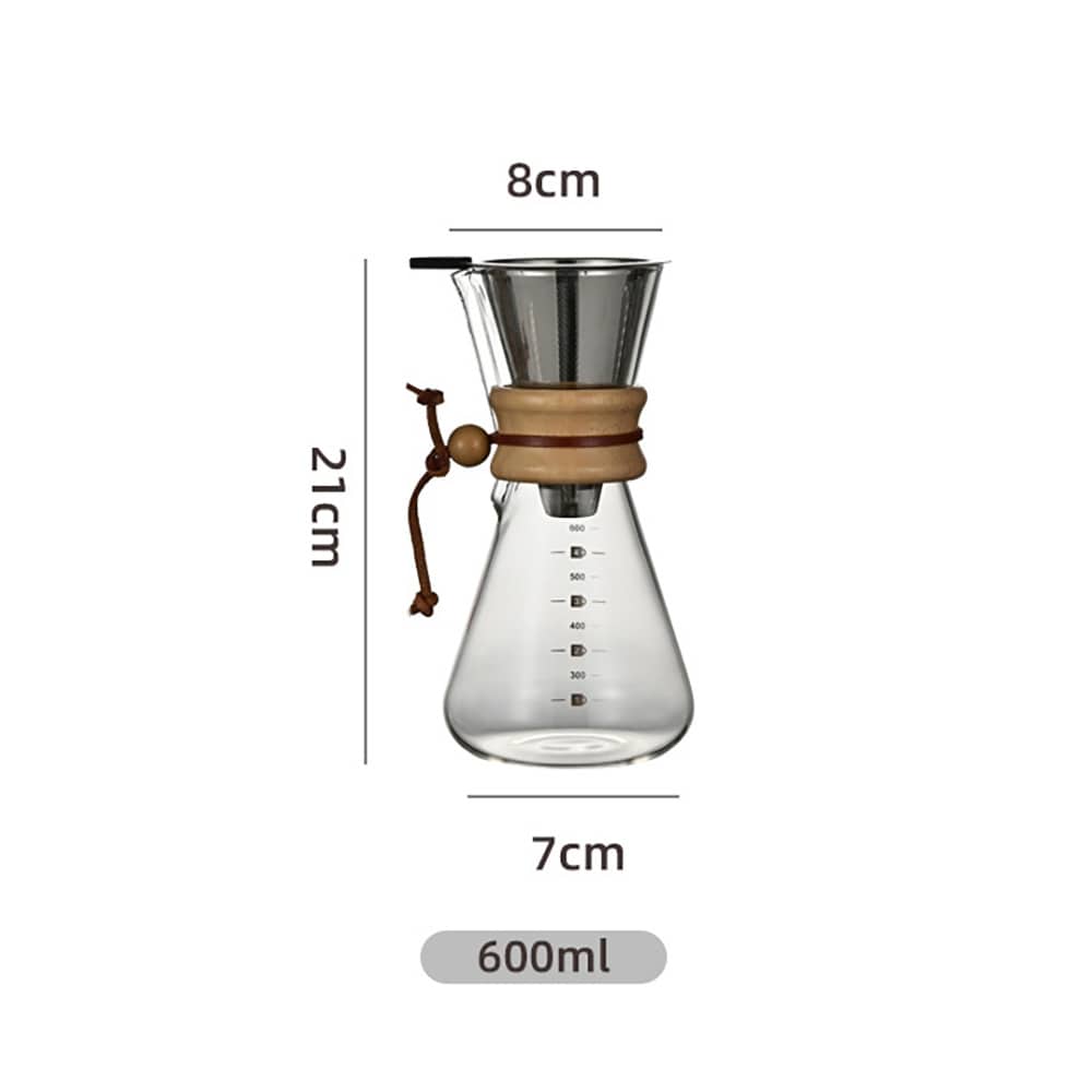Pour-over-brygger i glass med filter og trehåndtak, 600 ml / Kaffebrygger for manuell brygging