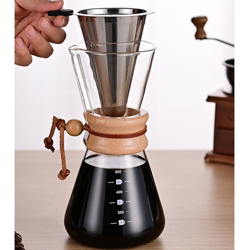 Pour-over-brygger i glass med filter og trehåndtak, 600 ml / Kaffebrygger for manuell brygging