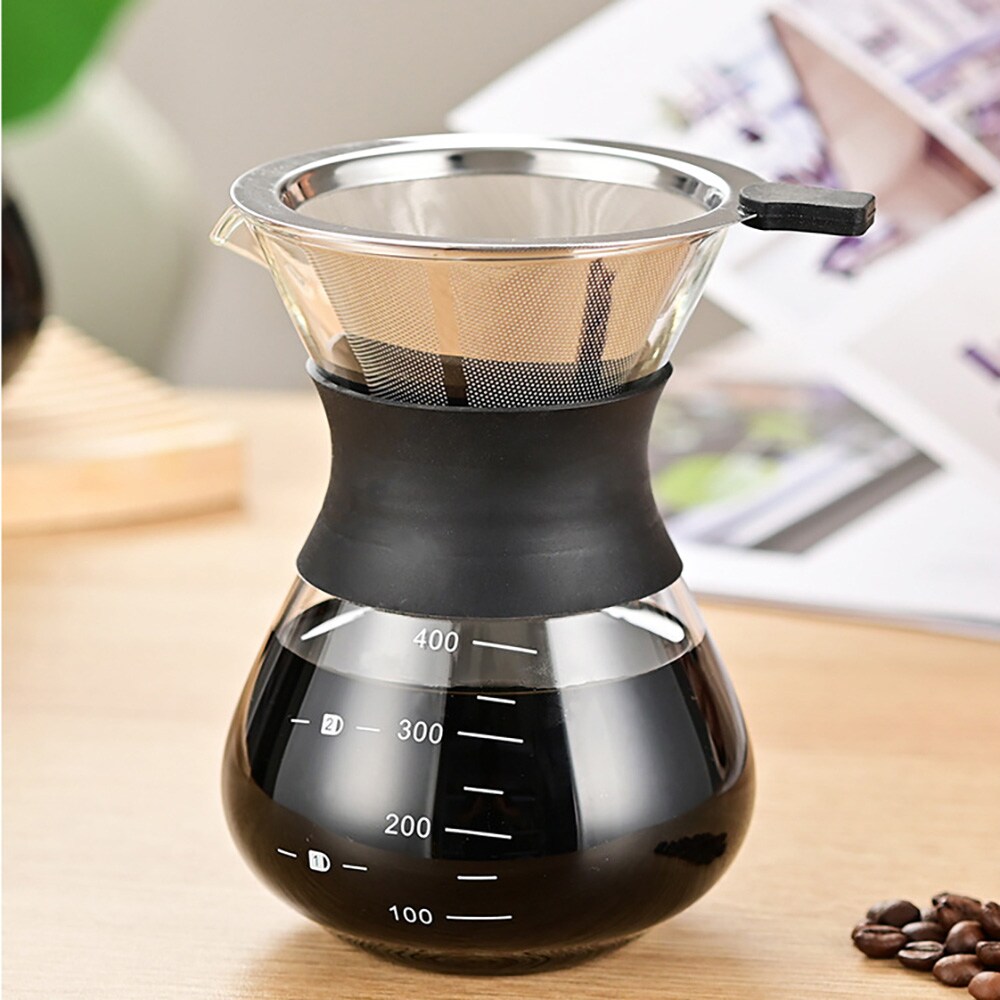 Pour-over-brygger i glass med filter og silikonhåndtak, 400 ml / Kaffebrygger for manuell brygging