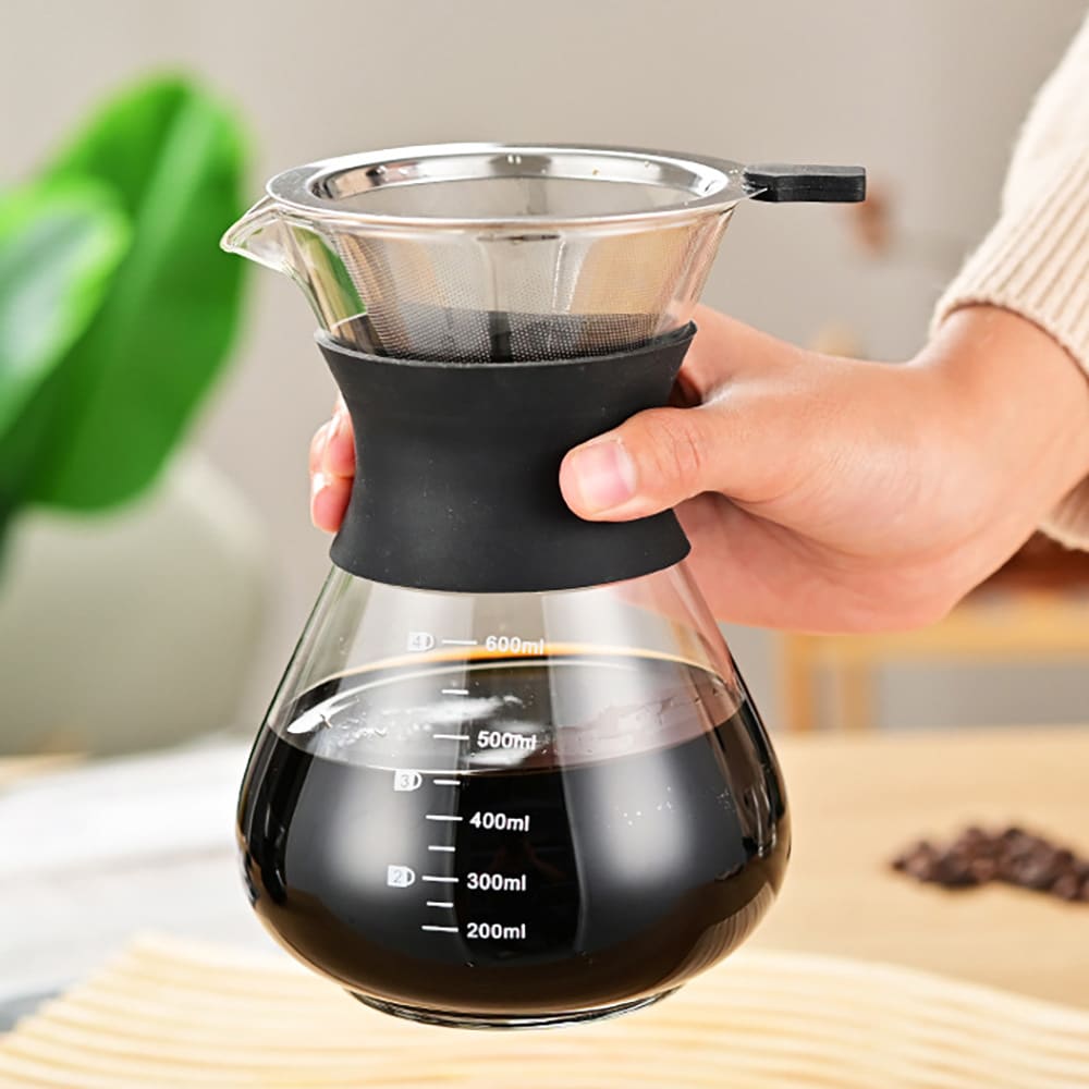 Pour-over-brygger i glass med filter og silikonhåndtak, 600 ml / Kaffebrygger for manuell brygging