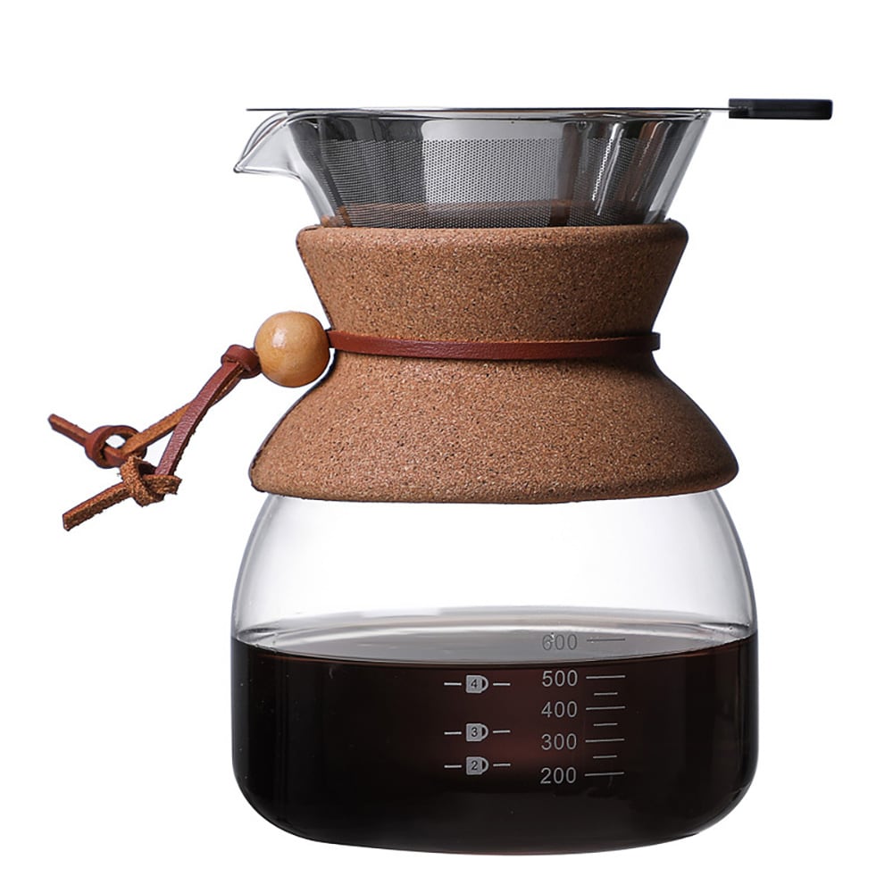 Pour-over-brygger i glass med filter og korkhåndtak, 600 ml / Kaffebrygger for manuell brygging