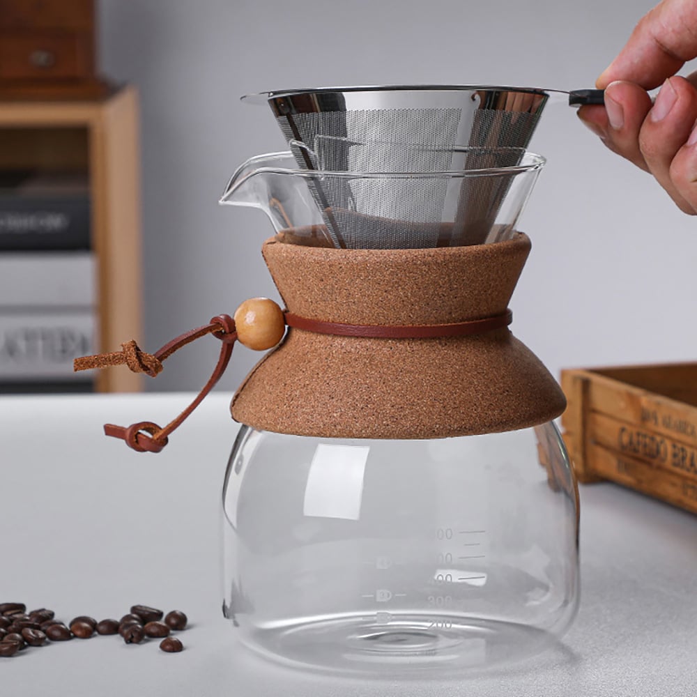 Pour-over-brygger i glass med filter og korkhåndtak, 600 ml / Kaffebrygger for manuell brygging